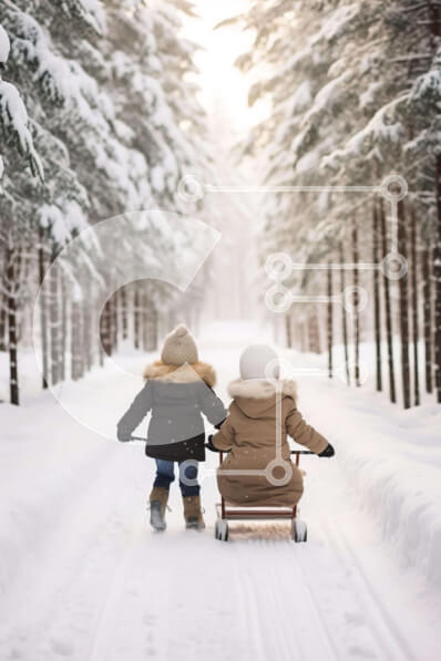 Intra Συλλεκτικό Ξύλινο Παζλ Plywood  4mm - Παιδιά που ιππεύουν το έλκηθρο στο χιονισμένο δασικό μονοπάτι Σε Ξύλινο Κουτί - Διαστάσεις Puzzle: 10x10 cm – 25 κομμάτια