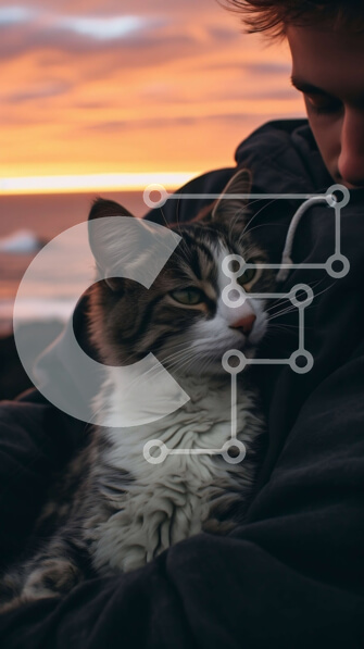 Σετ των 2 Intra Συλλεκτικό Ξύλινο Παζλ Plywood  4mm - Άτομο που κρατά μια γάτα κατά τη διάρκεια του ηλιοβασιλέματος Σε Ξύλινο Κουτί - Διαστάσεις: 10x10 cm – 25 κομμάτια