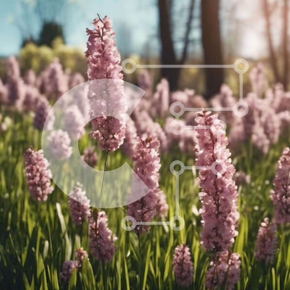 Intra Συλλεκτικό Ξύλινο Παζλ Plywood  4mm - Πεδίο με ροζ λουλούδια υάκινθου στο φως του ήλιου Σε Ξύλινο Κουτί - Διαστάσεις: 10x10 cm – 25 κομμάτια