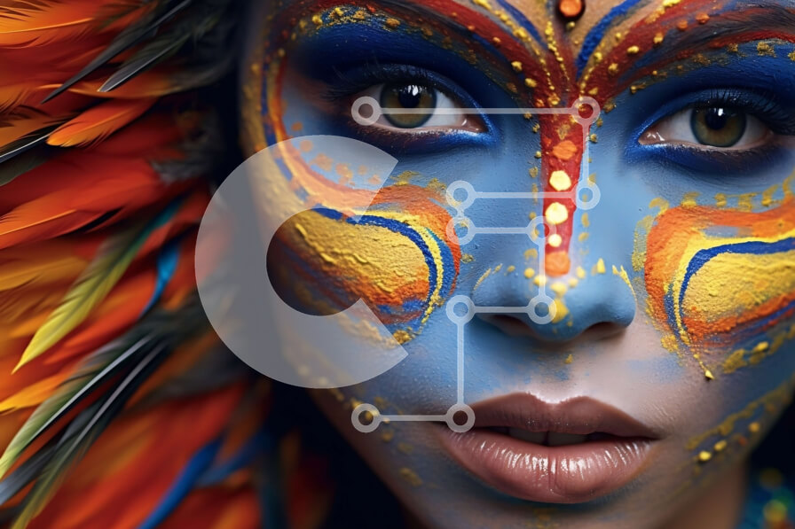 Intra Συλλεκτικό Ξύλινο Παζλ Plywood  4mm - Μια γυναίκα με πολύχρωμη μπογιά προσώπου και φτερά στα μαλλιά της Σε Ξύλινο Κουτί - Διαστάσεις Puzzle: 10x10 cm – 25 κομμάτια