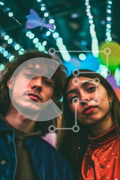 Intra Συλλεκτικό Ξύλινο Παζλ Plywood  4mm - Ζευγάρι ποζάρει για πορτρέτο μπροστά από πολύχρωμα φώτα Σε Ξύλινο Κουτί - Διαστάσεις Puzzle: 10x10 cm – 25 κομμάτια