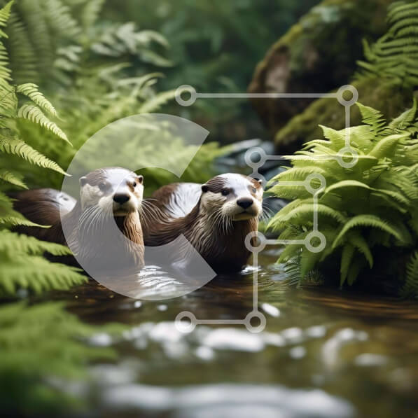 Intra Συλλεκτικό Ξύλινο Παζλ Plywood  4mm - Βίδρες που κολυμπούν σε ένα ρεύμα με φτέρες και φυτά Σε Ξύλινο Κουτί - Διαστάσεις: 10x10 cm – 25 κομμάτια