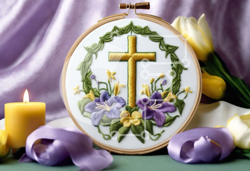 Intra Συλλεκτικό Ξύλινο Παζλ Plywood  4mm - Θρησκευτικό τσέρκι κεντήματος με σταυρό, λουλούδια και κεριά Σε Ξύλινο Κουτί - Διαστάσεις Puzzle: 10x10 cm – 25 κομμάτια