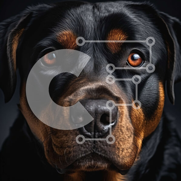 Intra Συλλεκτικό Ξύλινο Παζλ Plywood  4mm - Κοντινό πλάνο του προσώπου του σκύλου Rottweiler σε μαύρο και άσπρο Σε Ξύλινο Κουτί - Διαστάσεις: 10x10 cm – 25 κομμάτια