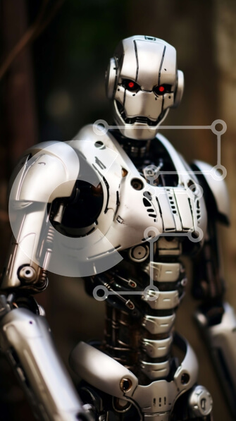 Intra Συλλεκτικό Ξύλινο Παζλ Plywood  4mm - Φουτουριστική εικόνα ενός ρομπότ με προστατευτικό εξοπλισμό σε ένα δάσος Σε Ξύλινο Κουτί - Διαστάσεις Puzzle: 10x10 cm – 25 κομμάτια