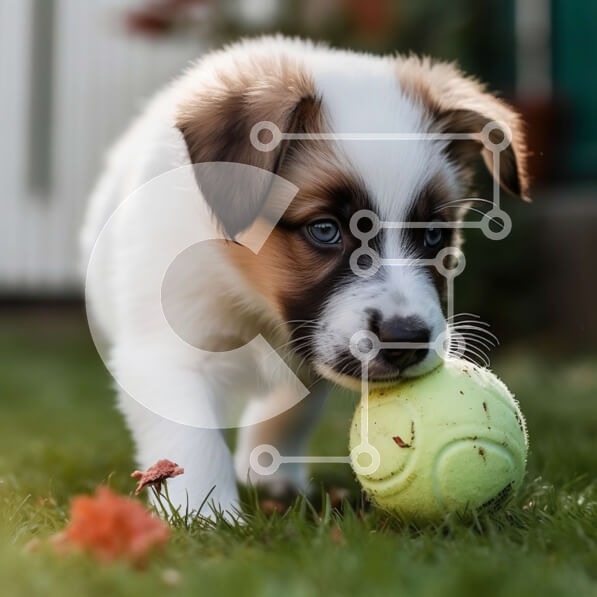 Intra Συλλεκτικό Ξύλινο Παζλ Plywood  4mm - Χαριτωμένη εικόνα ενός σκύλου που παίζει με μπάλα στο πράσινο γρασίδι Σε Ξύλινο Κουτί - Διαστάσεις: 10x10 cm – 25 κομμάτια