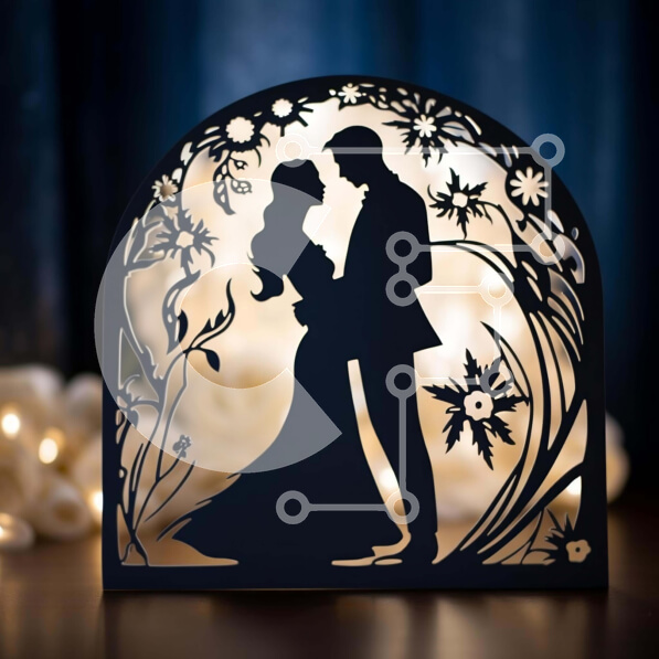 Intra Συλλεκτικό Ξύλινο Παζλ Plywood  4mm - Ρομαντική εικόνα της νύφης και του γαμπρού με φώτα και floral διακοσμήσεις Σε Ξύλινο Κουτί - Διαστάσεις: 10x10 cm – 25 κομμάτια