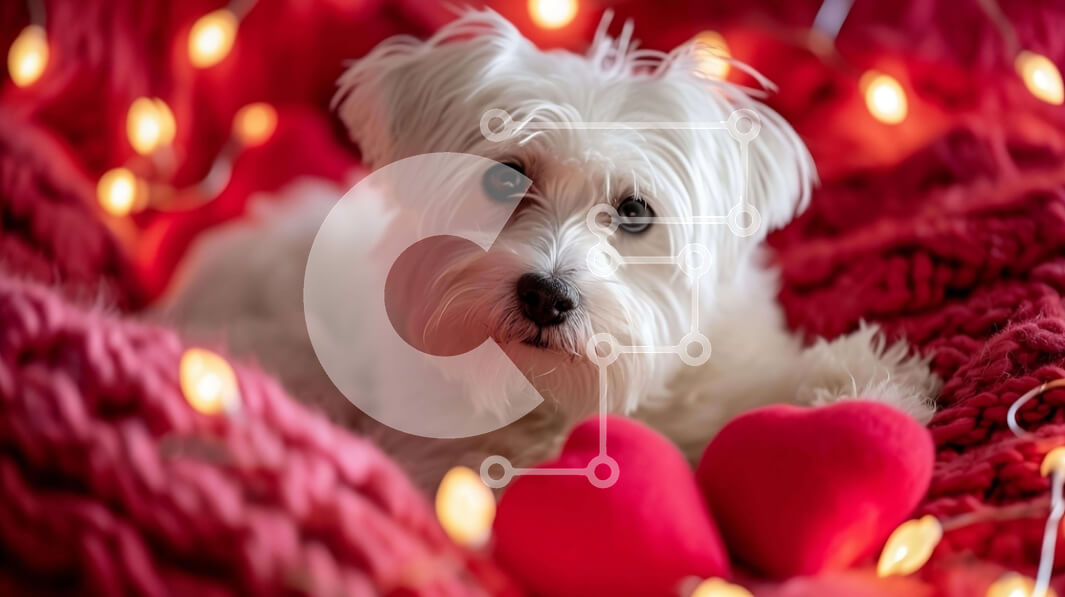 Intra Συλλεκτικό Ξύλινο Παζλ Plywood  4mm - Σκύλος που γιορτάζει την ημέρα του Αγίου Βαλεντίνου με μαξιλάρια σε σχήμα καρδιάς και πολύχρωμα φωτάκια Σε Ξύλινο Κουτί - Διαστάσεις: 10x10 cm – 25 κομμάτια