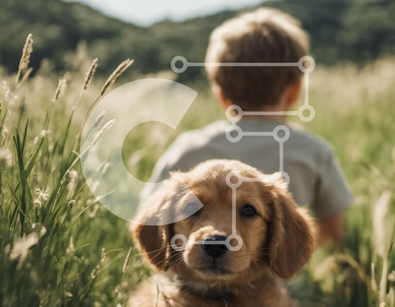 Intra Συλλεκτικό Ξύλινο Παζλ Plywood  4mm - Νεαρό αγόρι και κουτάβι Γκόλντεν Ριτρίβερ σε ένα χωράφι με ψηλό γρασίδι Σε Ξύλινο Κουτί - Διαστάσεις: 10x10 cm – 25 κομμάτια