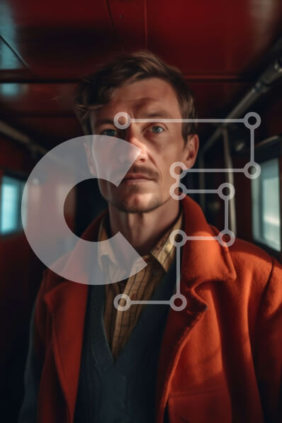 Intra Συλλεκτικό Ξύλινο Παζλ Plywood  4mm - Άνδρας με πορτοκαλί παλτό και μουστάκι στο τρένο Σε Ξύλινο Κουτί - Διαστάσεις Puzzle: 10x10 cm – 25 κομμάτια