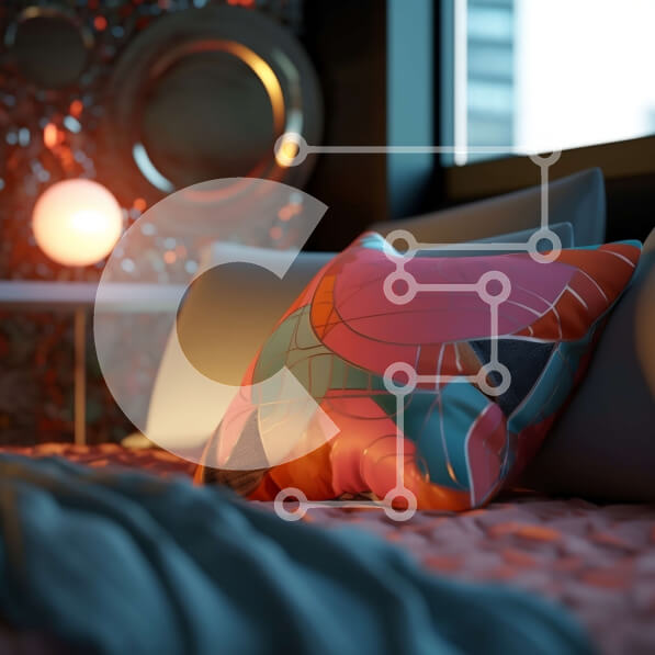 Intra Συλλεκτικό Ξύλινο Παζλ Plywood  4mm - Πολύχρωμο μαξιλάρι στο κρεβάτι με ροζ και πορτοκαλί μοτίβο Σε Ξύλινο Κουτί - Διαστάσεις Puzzle: 10x10 cm – 25 κομμάτια