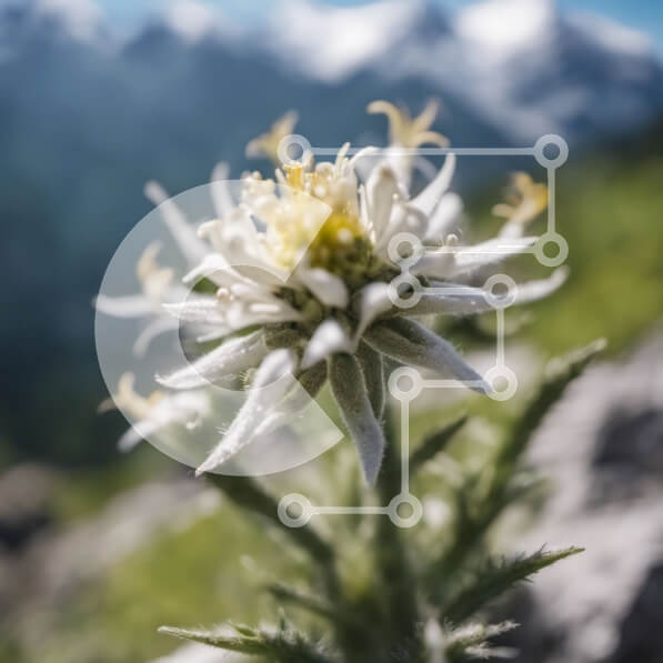 Intra Συλλεκτικό Ξύλινο Παζλ Plywood  4mm - Λευκό λουλούδι στο βραχώδες βουνό με τις χιονισμένες κορυφές Σε Ξύλινο Κουτί - Διαστάσεις: 10x10 cm – 25 κομμάτια