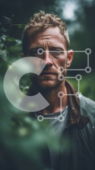 Intra Συλλεκτικό Ξύλινο Παζλ Plywood  4mm - Σοβαρός άνδρας με πράσινο σακάκι που στέκεται στο καταπράσινο δάσος Σε Ξύλινο Κουτί - Διαστάσεις Puzzle: 10x10 cm – 25 κομμάτια