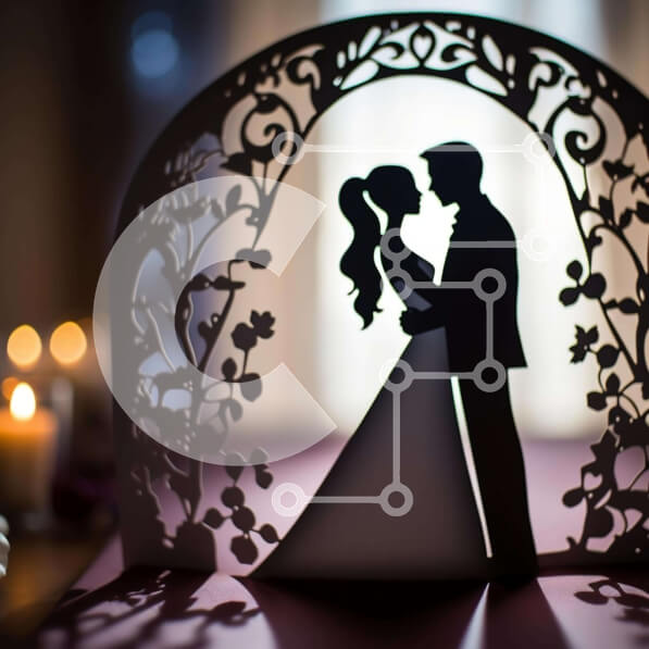 Intra Συλλεκτικό Ξύλινο Παζλ Plywood  4mm - Σιλουέτα μιας νύφης και ενός γαμπρού ενάντια σε μια αψίδα Σε Ξύλινο Κουτί - Διαστάσεις: 10x10 cm – 25 κομμάτια