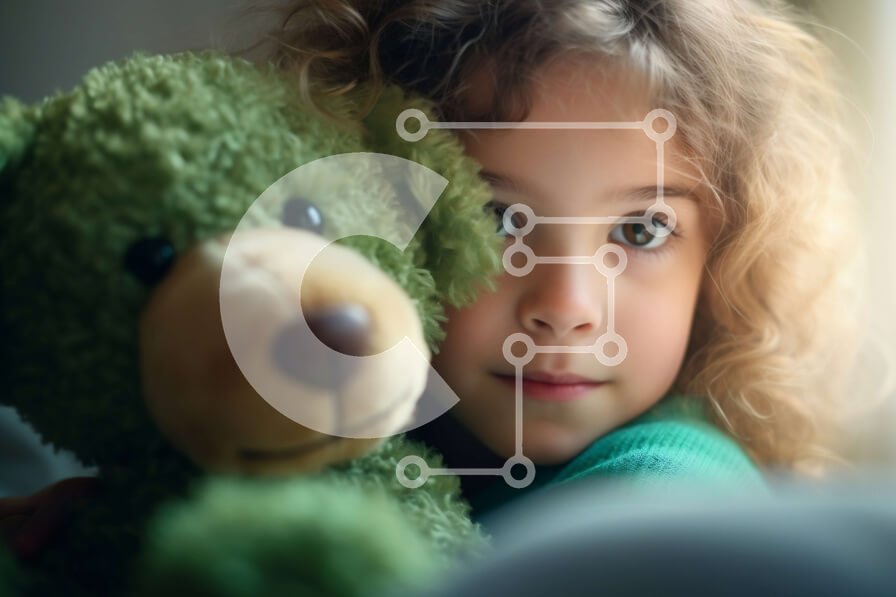 Intra Συλλεκτικό Ξύλινο Παζλ Plywood  4mm - Νεαρό κορίτσι που αγκαλιάζει πράσινο γεμιστό ζώο με σγουρά μαλλιά Σε Ξύλινο Κουτί - Διαστάσεις Puzzle: 10x10 cm – 25 κομμάτια