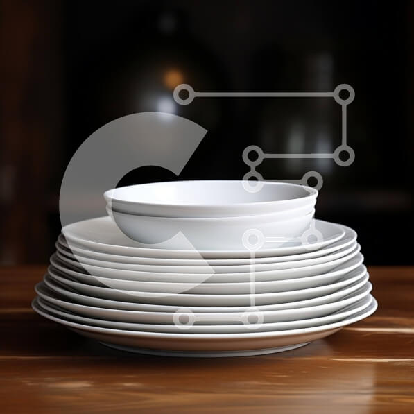 Intra Συλλεκτικό Ξύλινο Παζλ Plywood  4mm - Στοίβα από λευκά πιάτα σε ξύλινο τραπέζι Σε Ξύλινο Κουτί - Διαστάσεις Puzzle: 10x10 cm – 25 κομμάτια