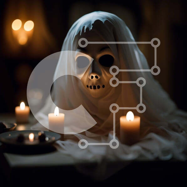 Intra Συλλεκτικό Ξύλινο Παζλ Plywood  4mm - Απόκοσμη εικόνα ενός φαντάσματος με αναμμένα κεριά σε ένα τραπέζι Σε Ξύλινο Κουτί - Διαστάσεις: 10x10 cm – 25 κομμάτια