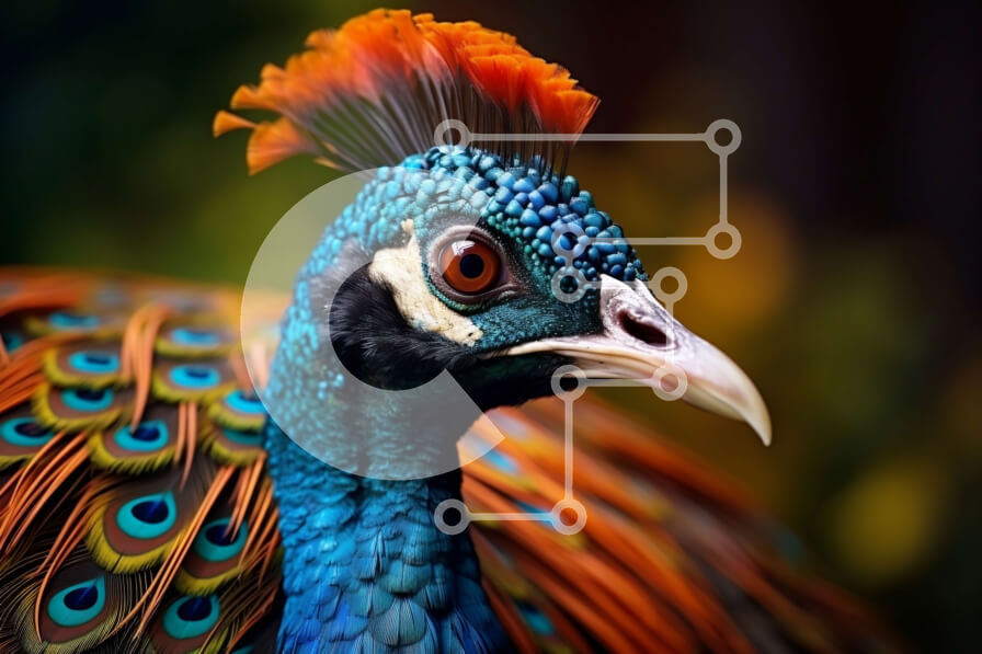 Σετ των 2 Intra Συλλεκτικό Ξύλινο Παζλ Plywood  4mm - Κοντινή όψη του κεφαλιού ενός παγωνιού με ζωντανά φτερά Σε Ξύλινο Κουτί - Διαστάσεις: 10x10 cm – 25 κομμάτια