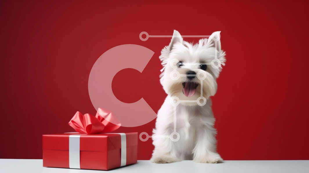 Intra Συλλεκτικό Ξύλινο Παζλ Plywood  4mm - Λευκό σκυλί με ανοιχτό κόκκινο κουτί δώρου Σε Ξύλινο Κουτί - Διαστάσεις: 10x10 cm – 25 κομμάτια