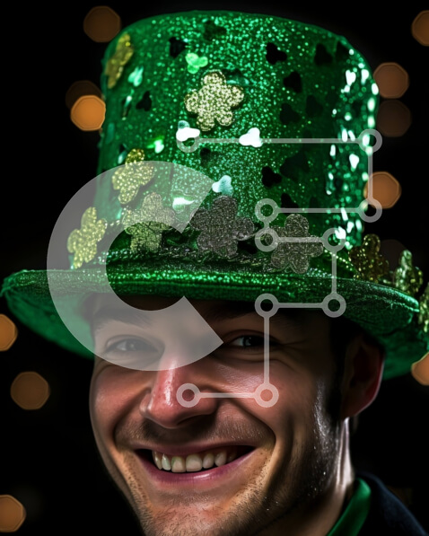 Intra Συλλεκτικό Ξύλινο Παζλ Plywood  4mm - Ευτυχισμένος άνδρας με πράσινο καπέλο και μαύρο κοστούμι με τριφύλλια Σε Ξύλινο Κουτί - Διαστάσεις Puzzle: 10x10 cm – 25 κομμάτια