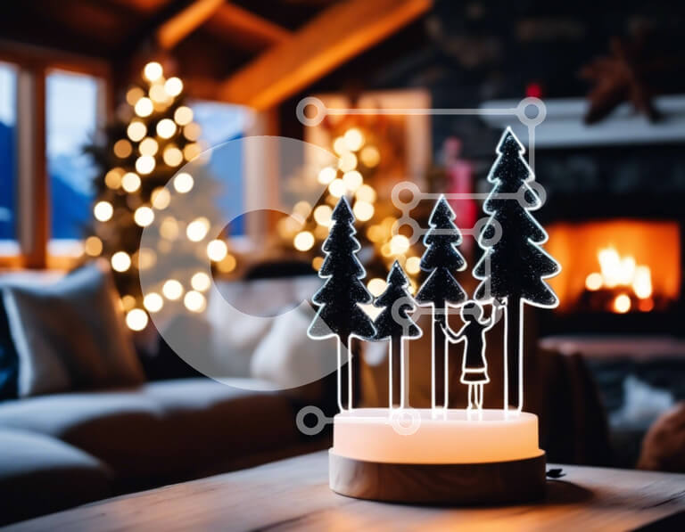 Intra Συλλεκτικό Ξύλινο Παζλ Plywood  4mm - Φωτισμένο χριστουγεννιάτικο δέντρο στο τραπέζι με τζάκι Σε Ξύλινο Κουτί - Διαστάσεις: 10x10 cm – 25 κομμάτια