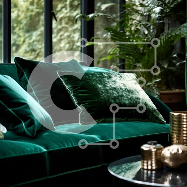 Intra Συλλεκτικό Ξύλινο Παζλ Plywood  4mm - Πράσινος βελούδινος καναπές σε φωτεινό και ευάερο δωμάτιο με θέα στον κήπο Σε Ξύλινο Κουτί - Διαστάσεις Puzzle: 10x10 cm – 25 κομμάτια