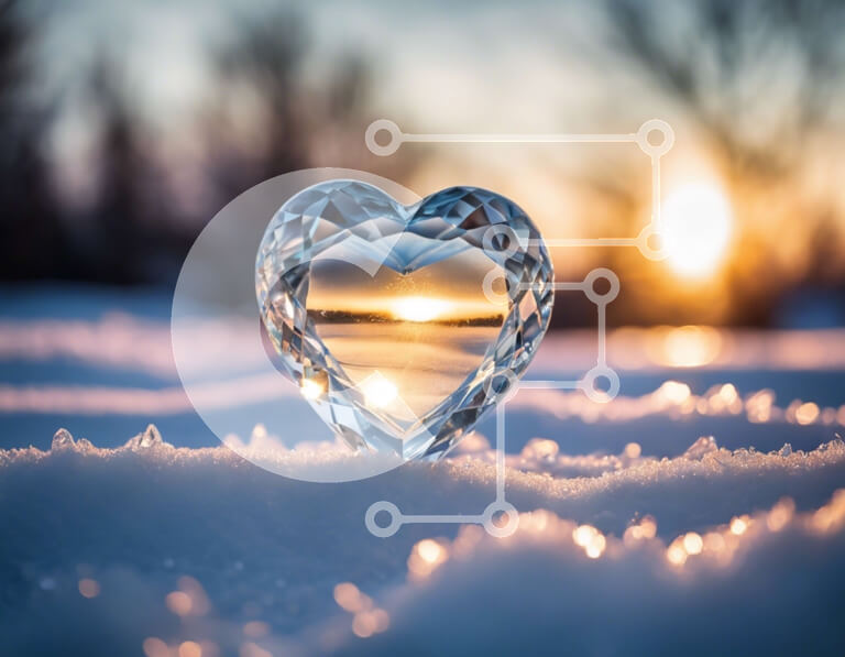 Intra Συλλεκτικό Ξύλινο Παζλ Plywood  4mm - Κρύσταλλο σε σχήμα καρδιάς σε φόντο χιονιού Σε Ξύλινο Κουτί - Διαστάσεις Puzzle: 10x10 cm – 25 κομμάτια