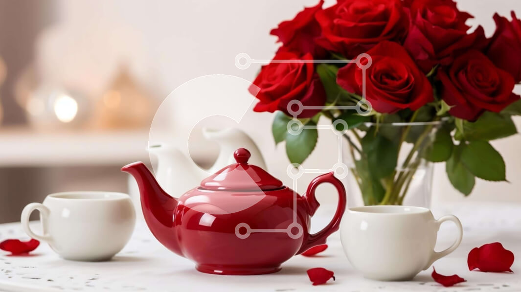 Intra Συλλεκτικό Ξύλινο Παζλ Plywood  4mm - Ρομαντικό τραπέζι με κόκκινη τσαγιέρα, λευκά φλιτζάνια και τριαντάφυλλα Σε Ξύλινο Κουτί - Διαστάσεις: 10x10 cm – 25 κομμάτια