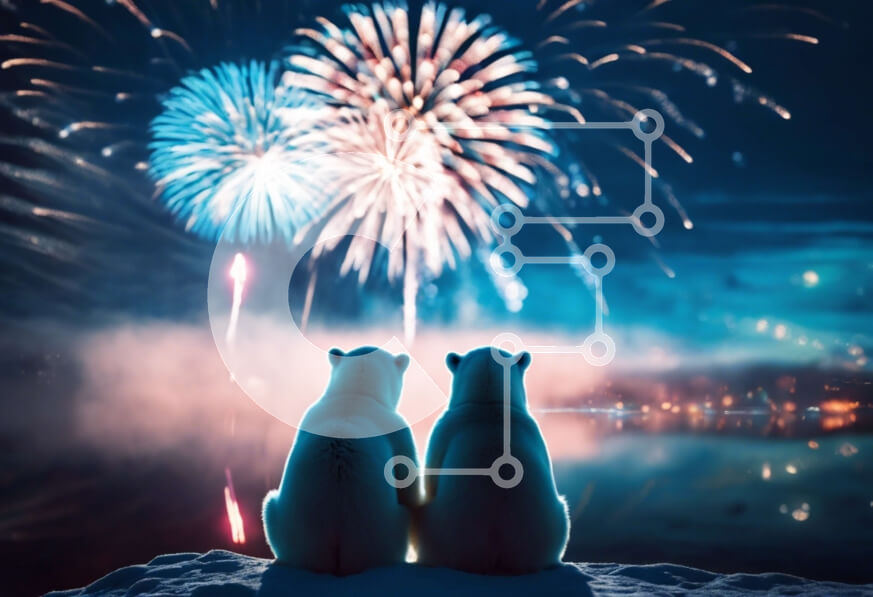 Σετ των 2 Intra Συλλεκτικό Ξύλινο Παζλ Plywood  4mm - Δύο πολικές αρκούδες βλέπουν πυροτεχνήματα σε χιονισμένη επιφάνεια Σε Ξύλινο Κουτί - Διαστάσεις: 10x10 cm – 25 κομμάτια