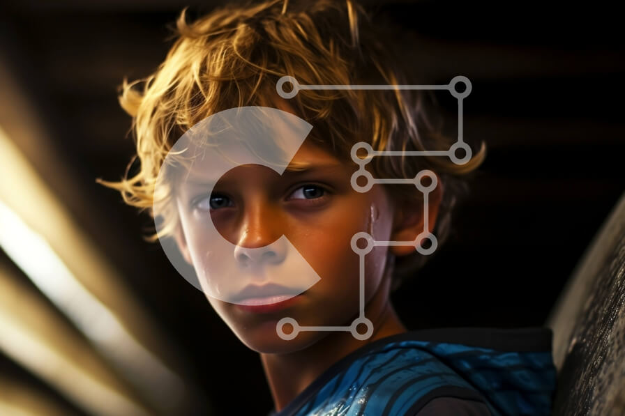 Intra Συλλεκτικό Ξύλινο Παζλ Plywood  4mm - Πορτρέτο ενός νεαρού αγοριού με ξανθά μαλλιά και μπλε μάτια που φορά μπλε κουκούλα Σε Ξύλινο Κουτί - Διαστάσεις Puzzle: 10x10 cm – 25 κομμάτια