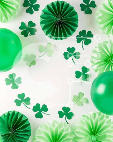 Intra Συλλεκτικό Ξύλινο Παζλ Plywood  4mm - Διακοσμήσεις για την ημέρα του Αγίου Πατρικίου με μπαλόνια από πράσινο χαρτί και σχήματα τριφύλλου Σε Ξύλινο Κουτί - Διαστάσεις: 10x10 cm – 25 κομμάτια