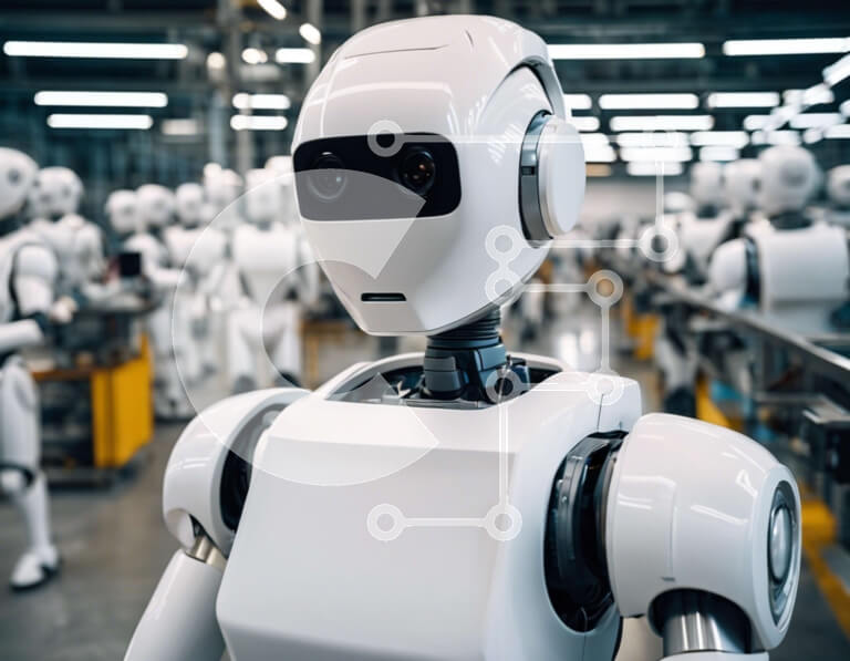 Intra Συλλεκτικό Ξύλινο Παζλ Plywood  4mm - Ομάδα λευκών ρομπότ σε μια γραμμή συναρμολόγησης Σε Ξύλινο Κουτί - Διαστάσεις Puzzle: 10x10 cm – 25 κομμάτια