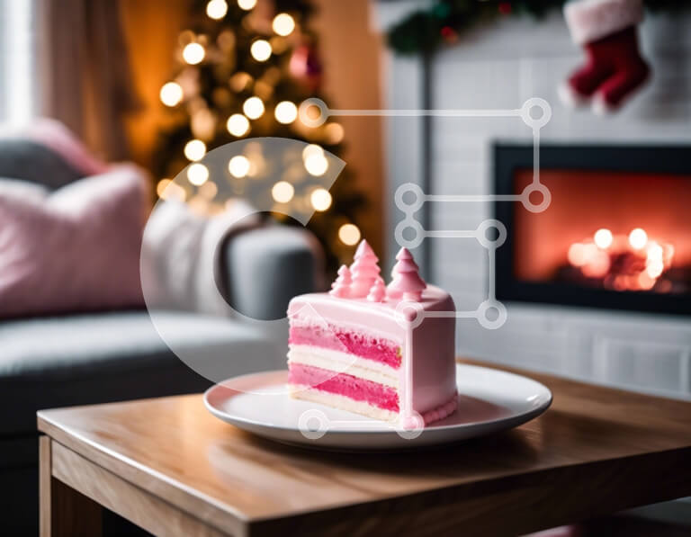 Intra Συλλεκτικό Ξύλινο Παζλ Plywood  4mm - Ροζ κέικ σε ένα τραπέζι μπροστά από ένα διακοσμητικό τζάκι Σε Ξύλινο Κουτί - Διαστάσεις Puzzle: 10x10 cm – 25 κομμάτια