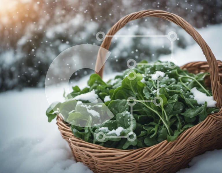 Intra Συλλεκτικό Ξύλινο Παζλ Plywood  4mm - Χιονισμένα φύλλα σπανακιού σε ψάθινο καλάθι Σε Ξύλινο Κουτί - Διαστάσεις: 10x10 cm – 25 κομμάτια