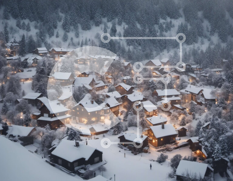 Intra Συλλεκτικό Ξύλινο Παζλ Plywood  4mm - Εναέρια άποψη του χιονισμένου χωριού στα βουνά Σε Ξύλινο Κουτί - Διαστάσεις: 10x10 cm – 25 κομμάτια