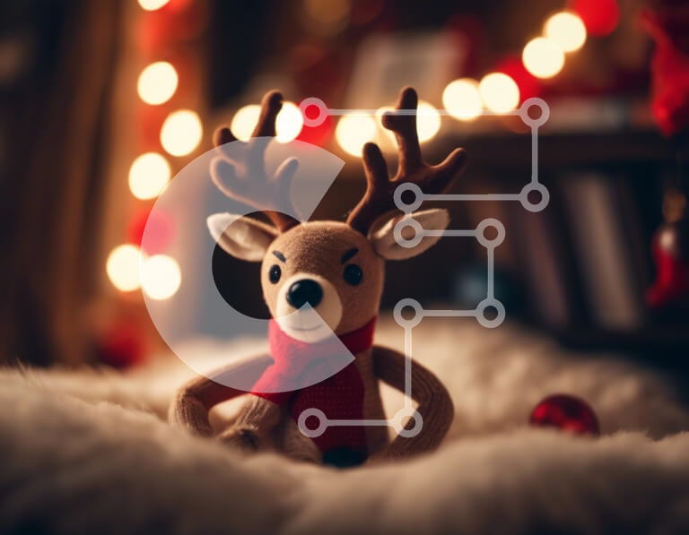 Intra Συλλεκτικό Ξύλινο Παζλ Plywood  4mm - Παιχνιδιάρικοι γεμισμένοι τάρανδοι που κάθεται στο κρεβάτι με χριστουγεννιάτικα φώτα Σε Ξύλινο Κουτί - Διαστάσεις Puzzle: 10x10 cm – 25 κομμάτια