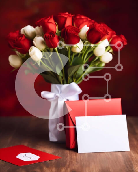 Intra Συλλεκτικό Ξύλινο Παζλ Plywood  4mm - Μπουκέτο με κόκκινα και λευκά τριαντάφυλλα με φάκελο και κάρτα Σε Ξύλινο Κουτί - Διαστάσεις Puzzle: 10x10 cm – 25 κομμάτια