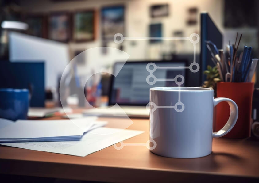 Intra Συλλεκτικό Ξύλινο Παζλ Plywood  4mm - Λευκή κούπα καφέ και φορητός υπολογιστής στο γραφείο Σε Ξύλινο Κουτί - Διαστάσεις Puzzle: 10x10 cm – 25 κομμάτια