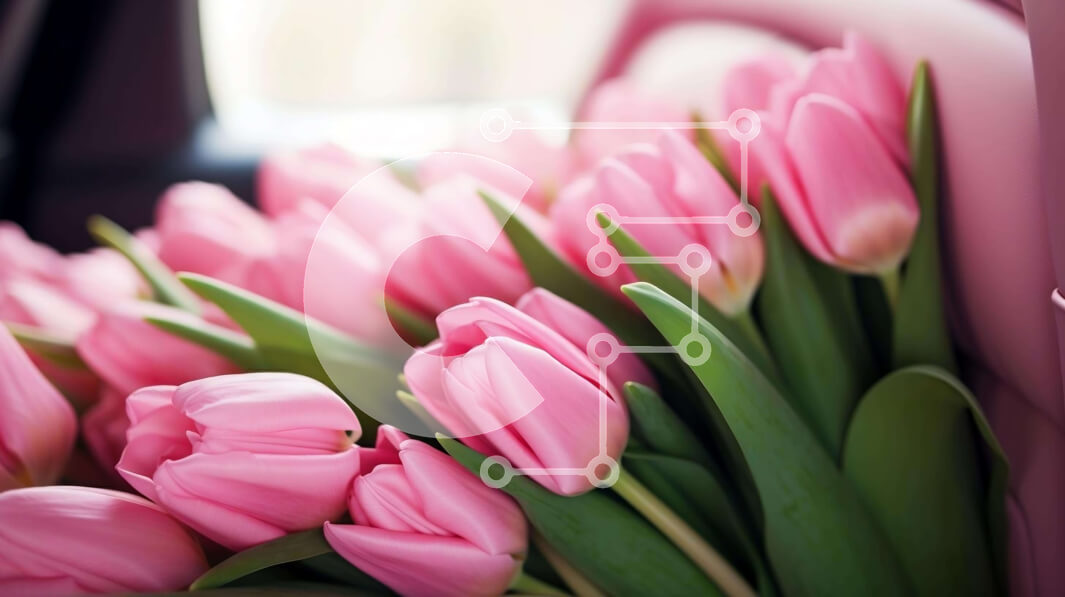 Intra Συλλεκτικό Ξύλινο Παζλ Plywood  4mm - Ζωντανή ροζ τουλίπες μπουκέτο στο αυτοκίνητο Σε Ξύλινο Κουτί - Διαστάσεις: 10x10 cm – 25 κομμάτια