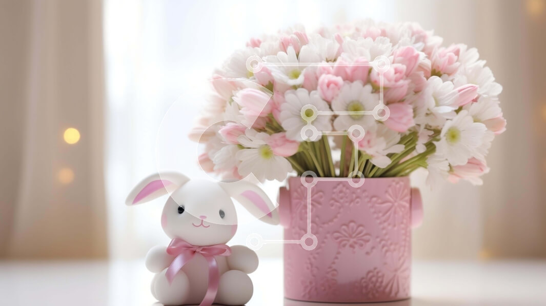 Intra Συλλεκτικό Ξύλινο Παζλ Plywood  4mm - Πασχαλινό λαγουδάκι και λουλούδια σε ροζ βάζο Σε Ξύλινο Κουτί - Διαστάσεις: 10x10 cm – 25 κομμάτια