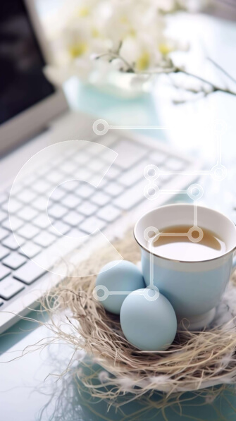 Intra Συλλεκτικό Ξύλινο Παζλ Plywood  4mm - Φλιτζάνι καφέ και μπλε αυγά στο τραπέζι με φορητό υπολογιστή Σε Ξύλινο Κουτί - Διαστάσεις: 10x10 cm – 25 κομμάτια