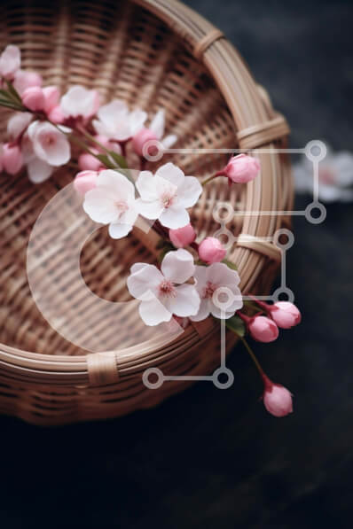 Σετ των 2 Intra Συλλεκτικό Ξύλινο Παζλ Plywood  4mm - Ροζ άνθη κερασιάς σε ένα ψάθινο καλάθι Σε Ξύλινο Κουτί - Διαστάσεις: 10x10 cm – 25 κομμάτια