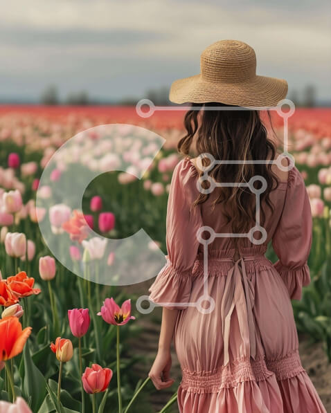 Intra Συλλεκτικό Ξύλινο Παζλ Plywood  4mm - Γυναίκα που στέκεται σε ένα χωράφι με ροζ τουλίπες Σε Ξύλινο Κουτί - Διαστάσεις: 10x10 cm – 25 κομμάτια