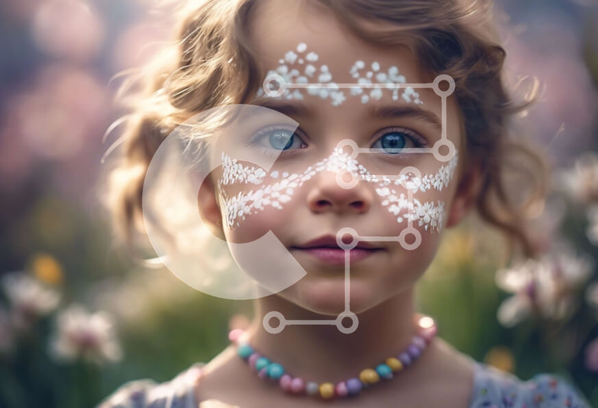 Intra Συλλεκτικό Ξύλινο Παζλ Plywood  4mm - Νεαρό κορίτσι με μπογιά προσώπου λουλουδιών που στέκεται ανάμεσα σε λουλούδια Σε Ξύλινο Κουτί - Διαστάσεις Puzzle: 10x10 cm – 25 κομμάτια