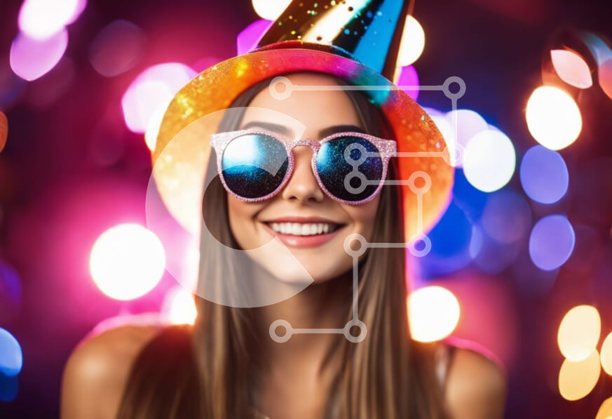 Intra Συλλεκτικό Ξύλινο Παζλ Plywood  4mm - Νεαρή γυναίκα που χαμογελά στην κάμερα με ένα καπέλο πάρτι και γυαλιά ηλίου Σε Ξύλινο Κουτί - Διαστάσεις Puzzle: 10x10 cm – 25 κομμάτια