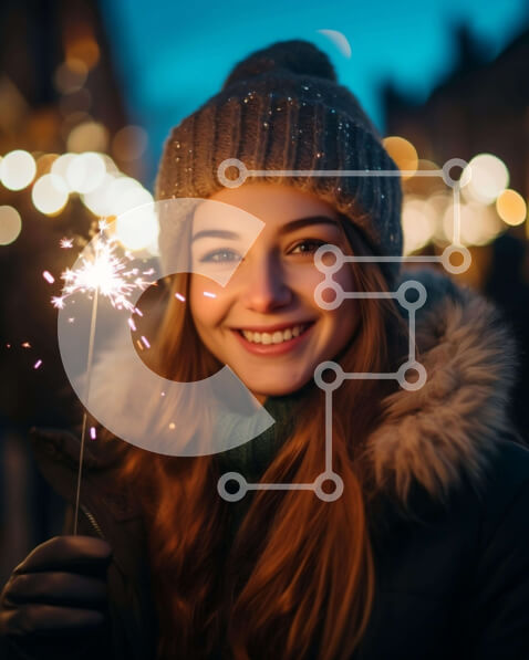 Intra Συλλεκτικό Ξύλινο Παζλ Plywood  4mm - Χαμογελαστή γυναίκα που διασκεδάζει με το βεγγαλικό Σε Ξύλινο Κουτί - Διαστάσεις Puzzle: 10x10 cm – 25 κομμάτια