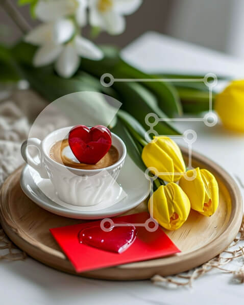 Intra Συλλεκτικό Ξύλινο Παζλ Plywood  4mm - Φλιτζάνι καφέ με αφρό σε σχήμα καρδιάς και τουλίπες την ημέρα του Αγίου Βαλεντίνου Σε Ξύλινο Κουτί - Διαστάσεις: 10x10 cm – 25 κομμάτια