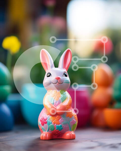 Intra Συλλεκτικό Ξύλινο Παζλ Plywood  4mm - Πολύχρωμο ειδώλιο λαγουδάκι σε ξύλινο τραπέζι με γλάστρες και μπολ Σε Ξύλινο Κουτί - Διαστάσεις Puzzle: 10x10 cm – 25 κομμάτια