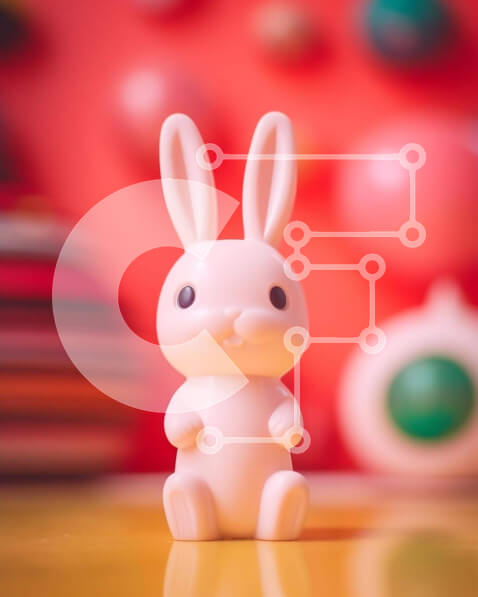 Intra Συλλεκτικό Ξύλινο Παζλ Plywood  4mm - Λευκό ειδώλιο λαγουδάκι σε πορτοκαλί φόντο με μπάλες και μπαλόνια με έντονα χρώματα Σε Ξύλινο Κουτί - Διαστάσεις: 10x10 cm – 25 κομμάτια