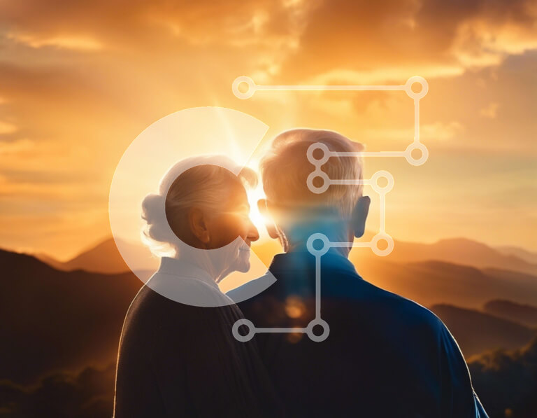 Intra Συλλεκτικό Ξύλινο Παζλ Plywood  4mm - Ηλικιωμένο ζευγάρι που απολαμβάνει το ηλιοβασίλεμα στην οροσειρά Σε Ξύλινο Κουτί - Διαστάσεις Puzzle: 10x10 cm – 25 κομμάτια